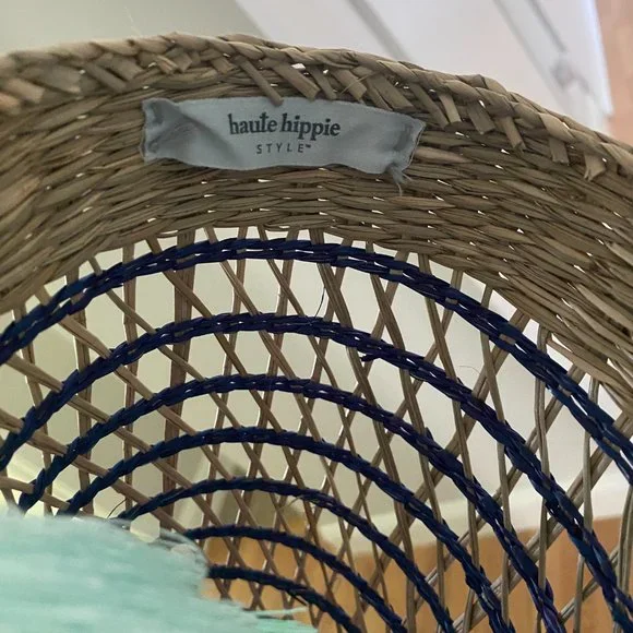 NWT Haute Hippie Rattan Woven Tote Bag Straw Purse in Natural Tan Navy Turquoise - Picture 4 of 4